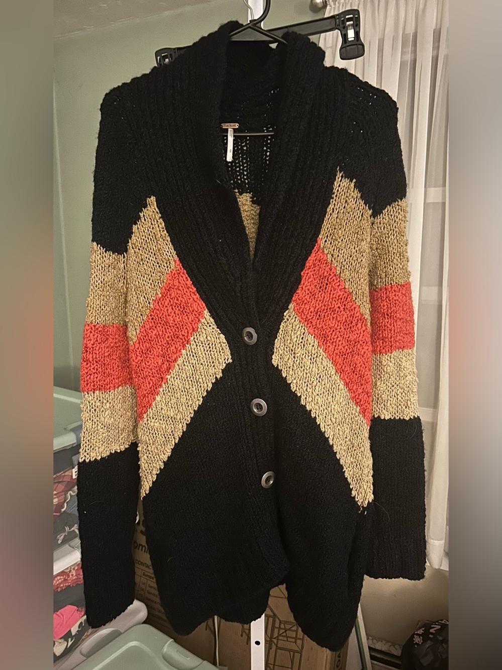 Free People Rocket High Boyfriend Cardigan in Black, coral & tan